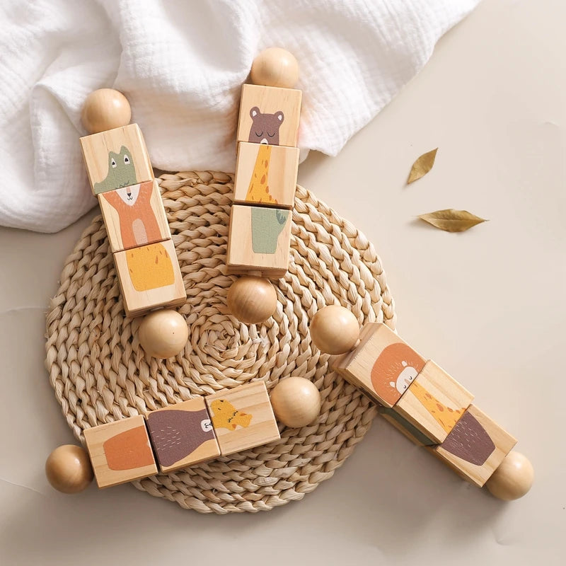 Baby Wooden Montessori Toys Cartoon Animal Crocodile Bear Rotate Blocks Rattle Puzzle Game Baby Food Grade Wooden Teether Toys