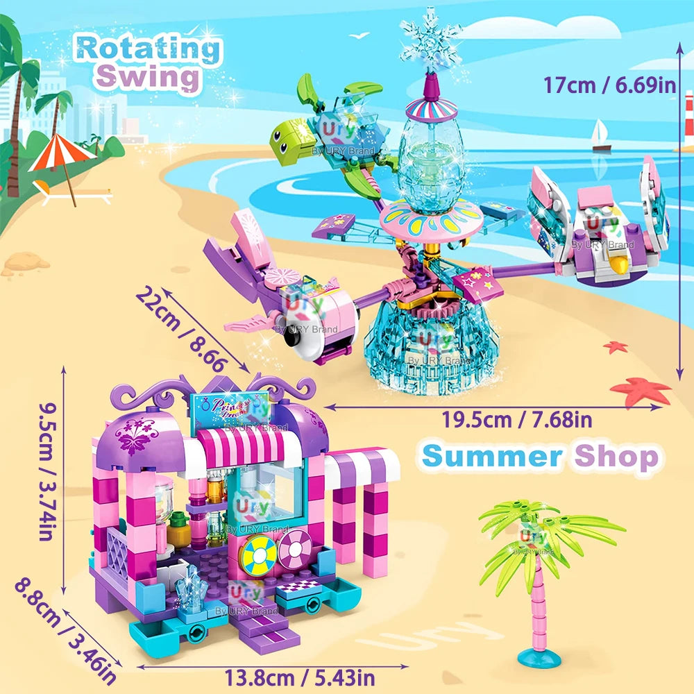 Friends Summer  Amusement Park Holiday Seaside Slide Rotating Chair MOC Building Blocks Sets Figures Toy for Girl Christmas Gift