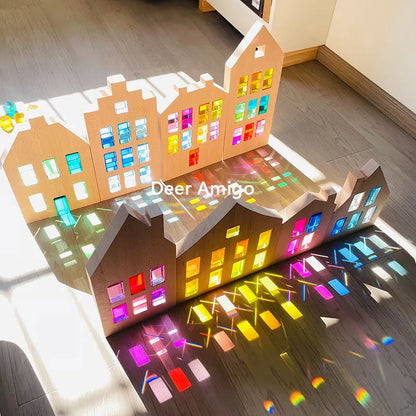 Dutch Wood Houses Lucite Cubes Blocks Rainbow Acrylic Building Blocks Color Street Open-ended Play Montessori Educational Toys