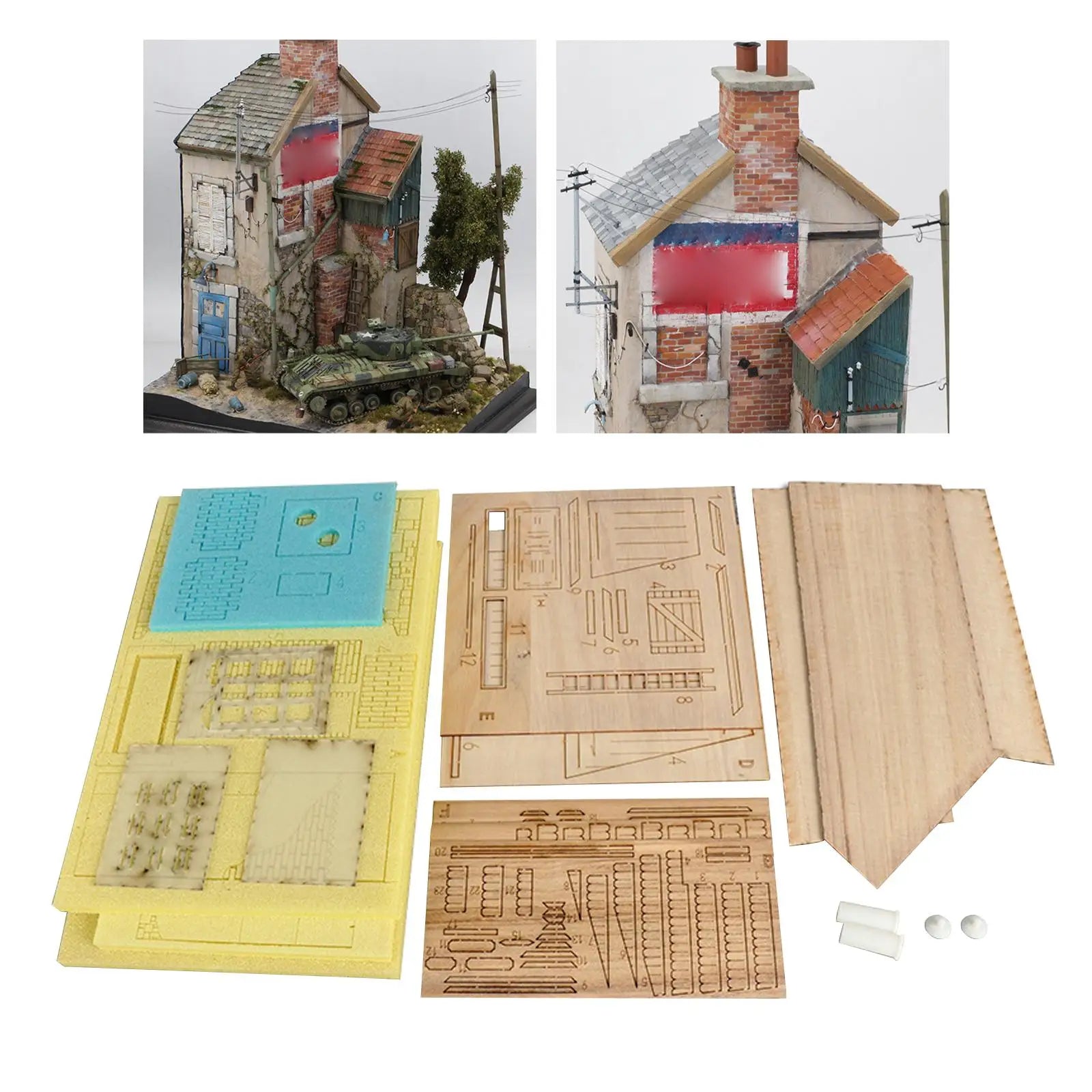 1/35 Wooden Hobby DIY Crafts Building Architecture House Scene Sand Table War Scene Miniature Houean Ruins House Scenery Toy