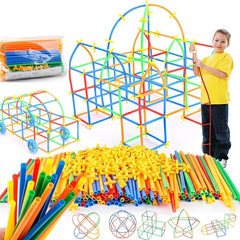 DIY Straw Building Blocks Plastic Stitching Inserted Construction Assembled Blocks Bricks Educational Toys for Children Gift