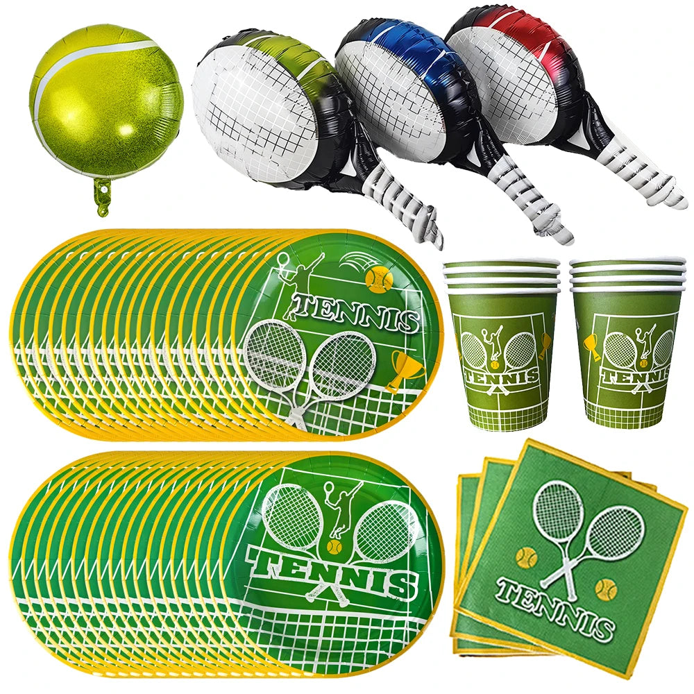 Tennis Theme Disposable Tableware Paper Plate Cup Napkin Tennis Racket Balloon Kids Boys Sport Tennis Birthday Party Decor