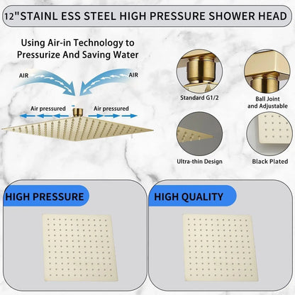 BAKALA  8/10/12Inch Water Powered Rain Shower Head Bathroom Square Brush gold Shower head. stainless steel shower head