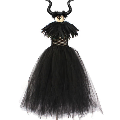 Disney Maleficent Devil Queen Tutu Costume Halloween Girls Fancy Tutu Dress with Feather Shawl Royal Kids Ball Gown Robe Outfits