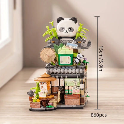 Mini Building Blocks Cute Panda Ornaments Street View Teahouse Assembly Bricks Folding Construction Toys for Children and Adults