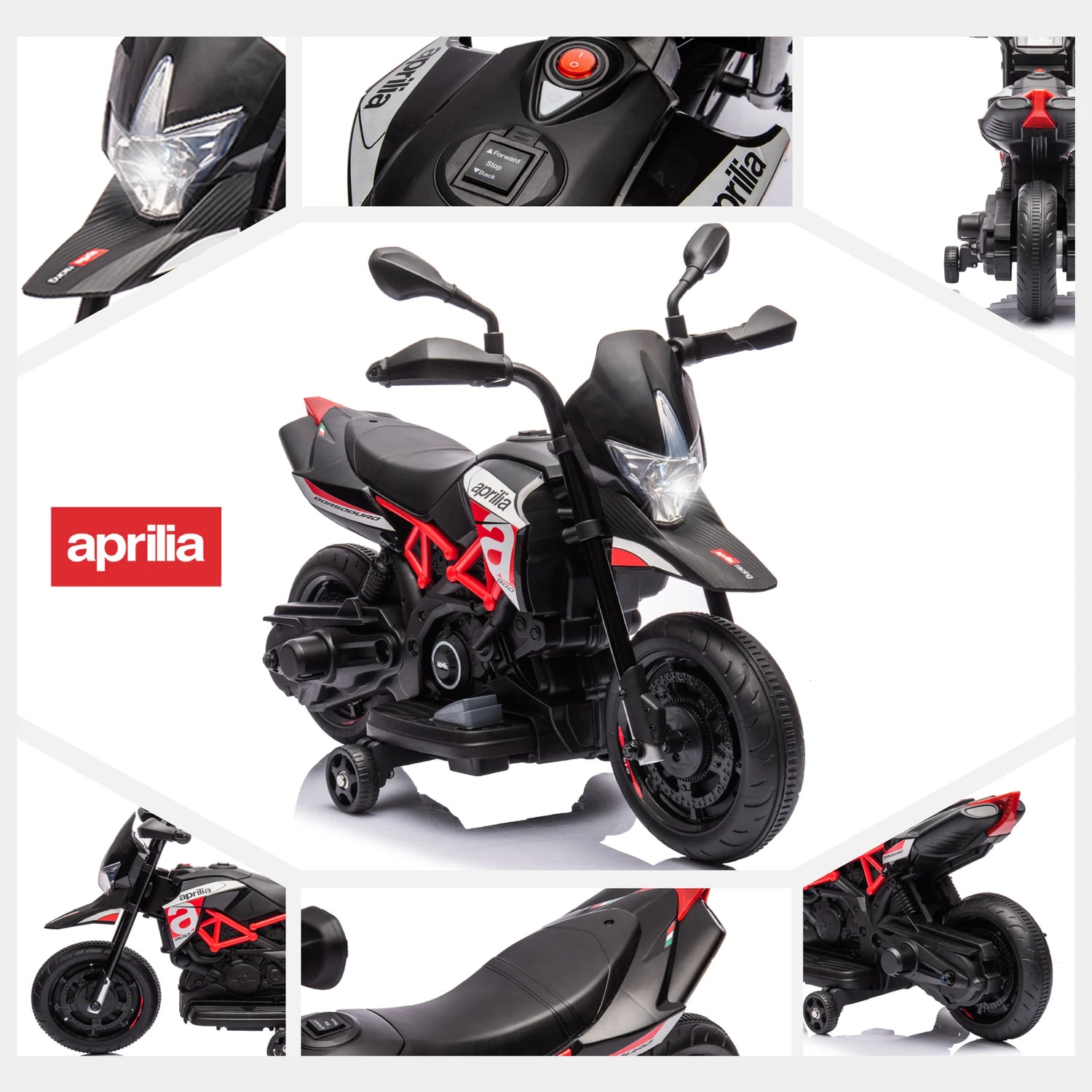 Red, Licensed Aprilia Electric Motorcycle, 6V Kids Motorcycle, Ride On Toy w/Training Wheels, LED Lights, Sounds &amp; Music, Batter