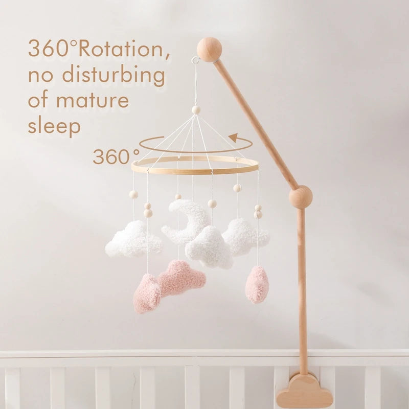 Baby Rattle Toys 0-12 Months Wooden Bed Bell Cartoon Cloud Lamb Hair Mobile Hanging Toy Hanger Crib Mobile Toy Bracket Kid Gifts