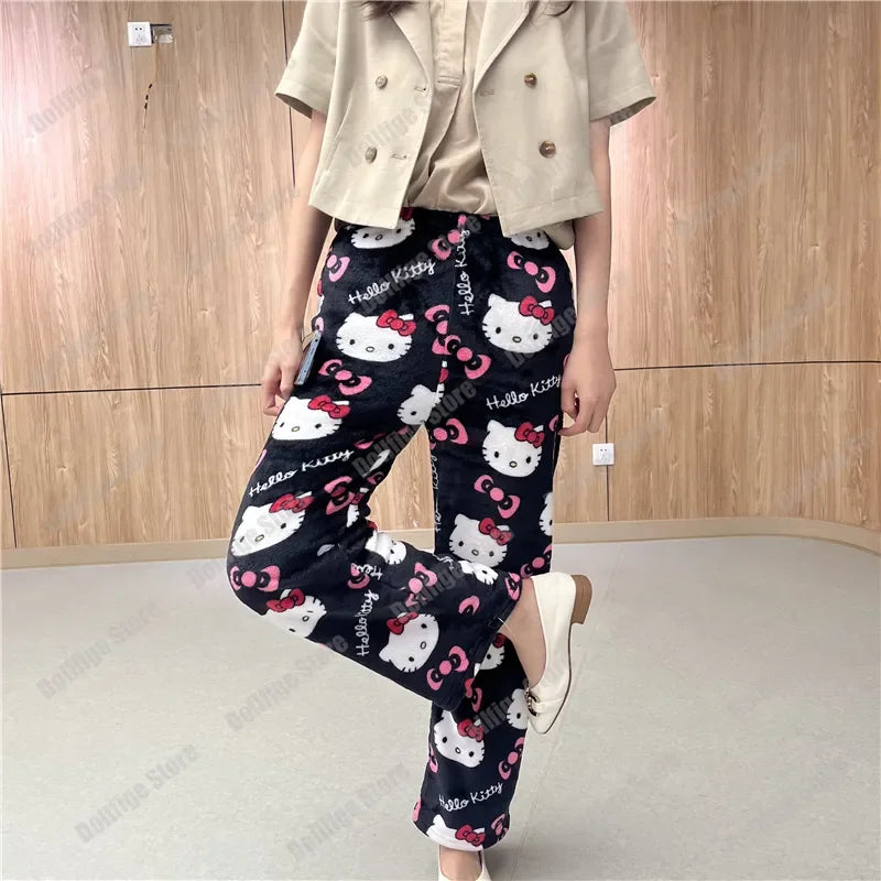 Sanrio Christmas Hello Kitty Pajamas Halloween Flannel Fashion Trouserswomen Kawaii Woolen Anime Cartoon Casual Home Pant Autumn