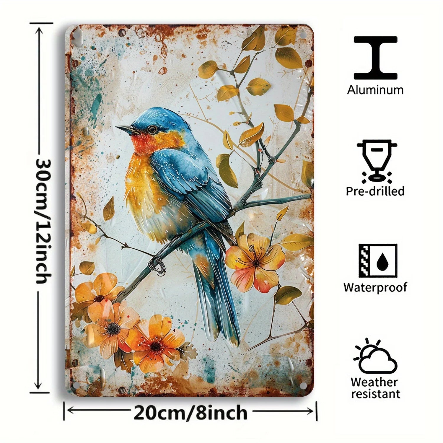 12X8 Blue Happy Bird Vintage Metal Painting Art Iron Painting Wall Decoration Restaurant Bar Cafe Club Kitchen Wall Decoration