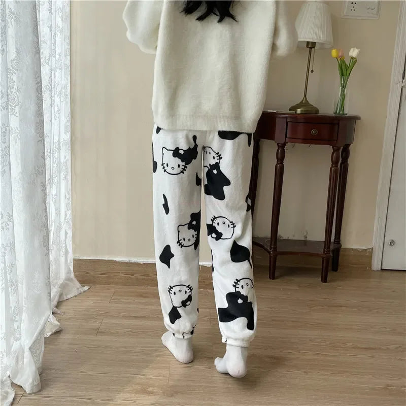 Sanrio Christmas Hello Kitty Pajamas Halloween Flannel Fashion Trouserswomen Kawaii Woolen Anime Cartoon Casual Home Pant Autumn