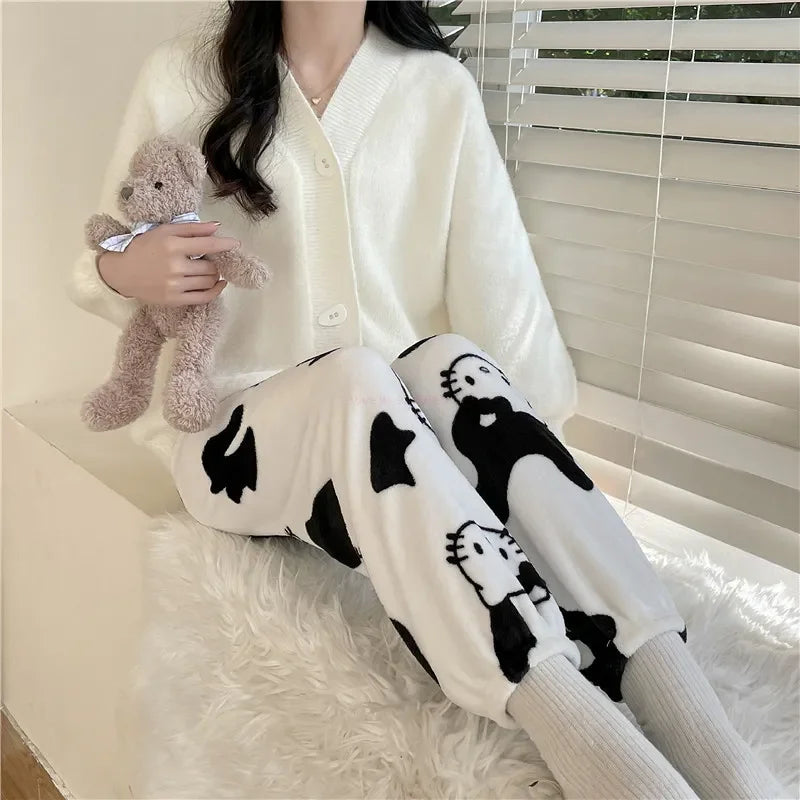 Sanrio Christmas Hello Kitty Pajamas Halloween Flannel Fashion Trouserswomen Kawaii Woolen Anime Cartoon Casual Home Pant Autumn