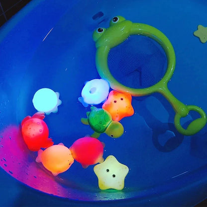 Baby Cute Animals Bath Toy Swimming Water LED Light Up Toys Soft Rubber Float Induction Luminous Frogs for Kids Play Funny Gifts