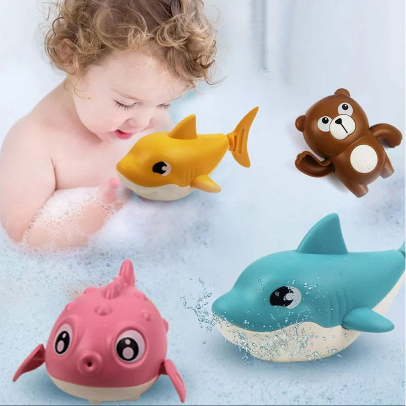 1PCS Toddler Bath Toys Cute Cartoon Swimming Shark Clockwork Wagging Tail Rotating Device Beach Baby Bath Tub Wind Up Toy