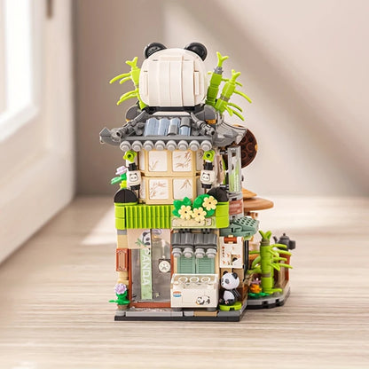 Mini Building Blocks Cute Panda Ornaments Street View Teahouse Assembly Bricks Folding Construction Toys for Children and Adults