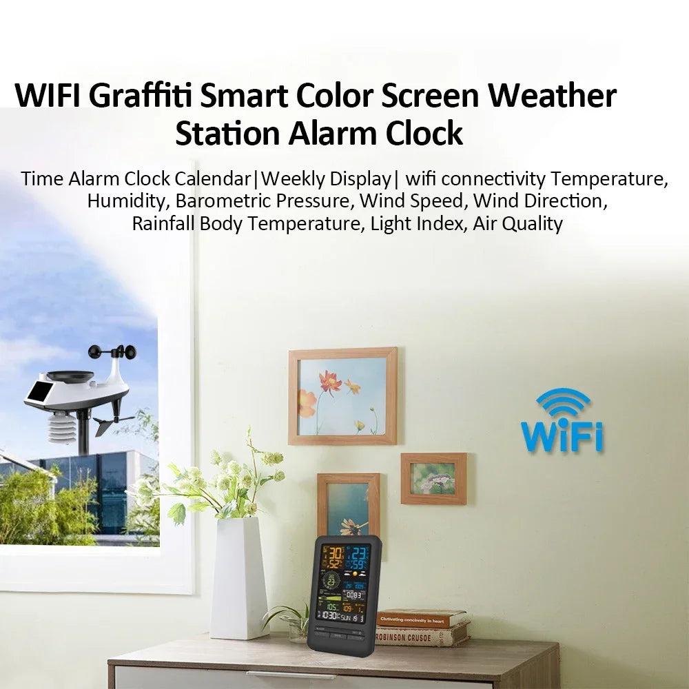 WiFi Smart Weather Station Smart Home Digital Thermometer with Sensor Temperature Humidity Date Light Index Air Quality Monitor
