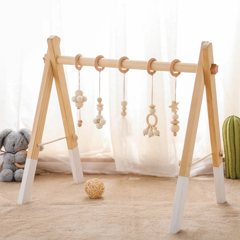 1Set Baby Wooden Rattle Toys Play Gym Mobile Hanging Sensory Toys Foldable Play Gym Frame Activity Gym Baby Holder Bracket Gifts