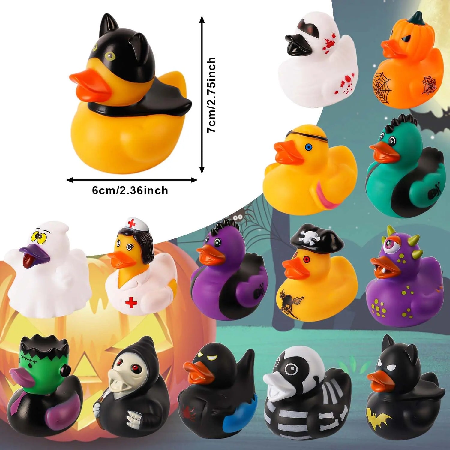 12/24/36PC Halloween Rubber Ducks, 2.5 Inch Halloween Ducks for Jeeps with Various Halloween Characters Novelty Rubber Duck Toys