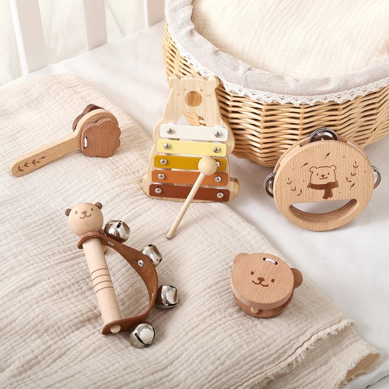 Baby Wooden Musical Instruments Montessori Toys Kids Bear Percussion Xylophone Rain Sound Pipe Music Shaker Early Education Toys