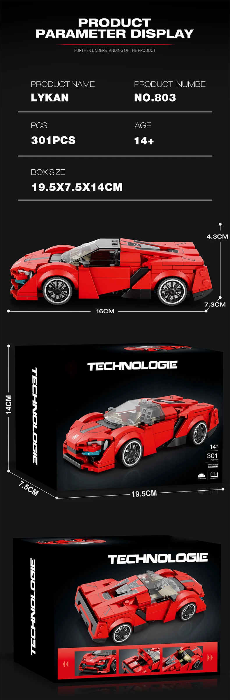 W Motors Lykan Red Sports Car Building Block, 301PCS City Vehicle Classic Racing Car Model Bricks Toys, Creative Collention Gift