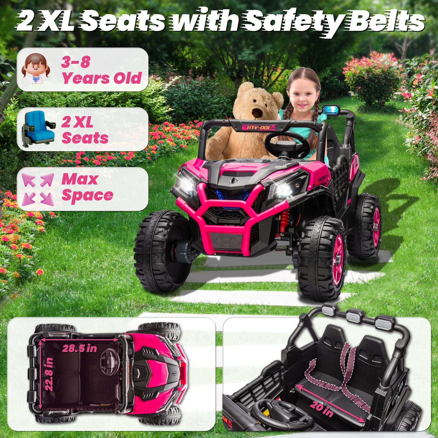 24V XL 2 Seater Ride on Toys Car for Girls, 2WD/4WD Switchable Off-Road UTV w/Long-Endurance Battery Power, 3-Speed Remote Contr