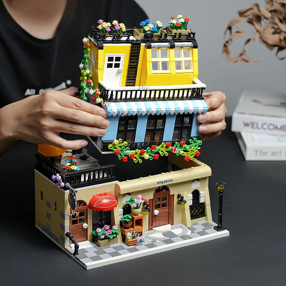 City Street View Modular Coffee Restaurant Retro Flower House with LED Light MOC Architecture Building Block Sets Toys for Kids