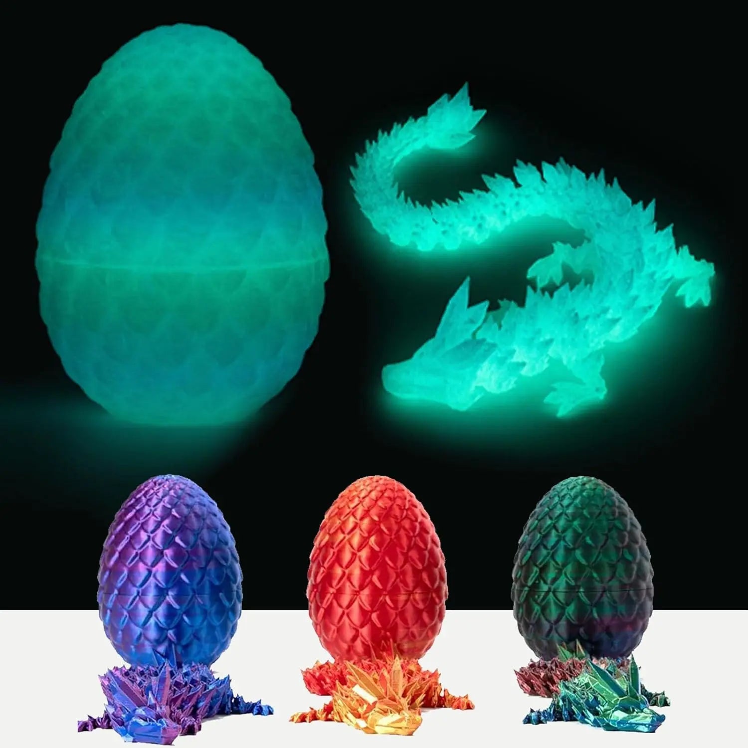 3D Printed Dragon Eggs Anxiety Relief Crystal Dragon Articulated Joints Home Office Decoration Glow-in-the-Dark Kids Toys Gifts