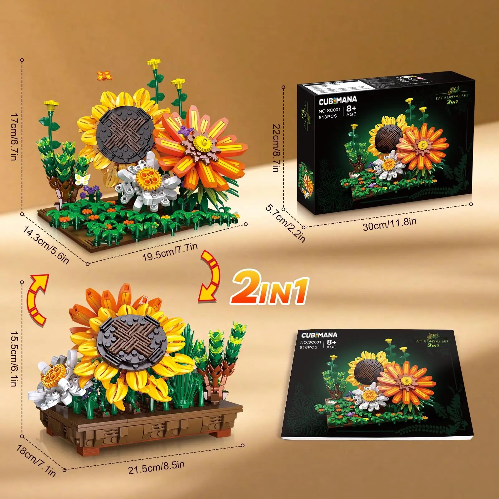 Flower Botanical Bonsai Building Set-2 IN 1 Sunflower Block Toy  Display for Office Décor Valentine&