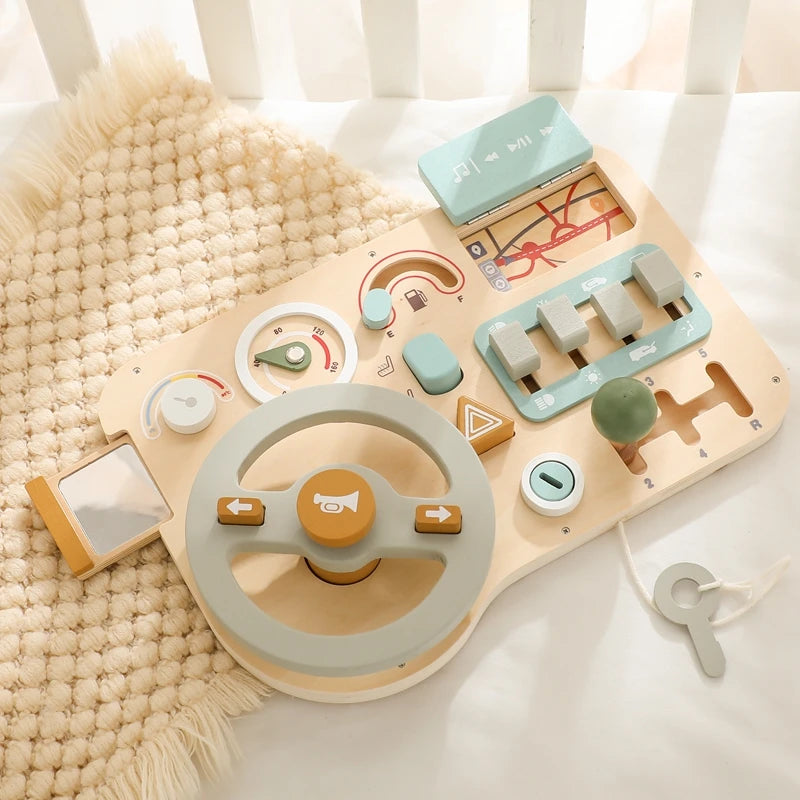 Baby Wooden Montessori Toys Steering Wheel Busy Board Wooden Sensory Toys for Toddlers Preschool Travel Learning Activities