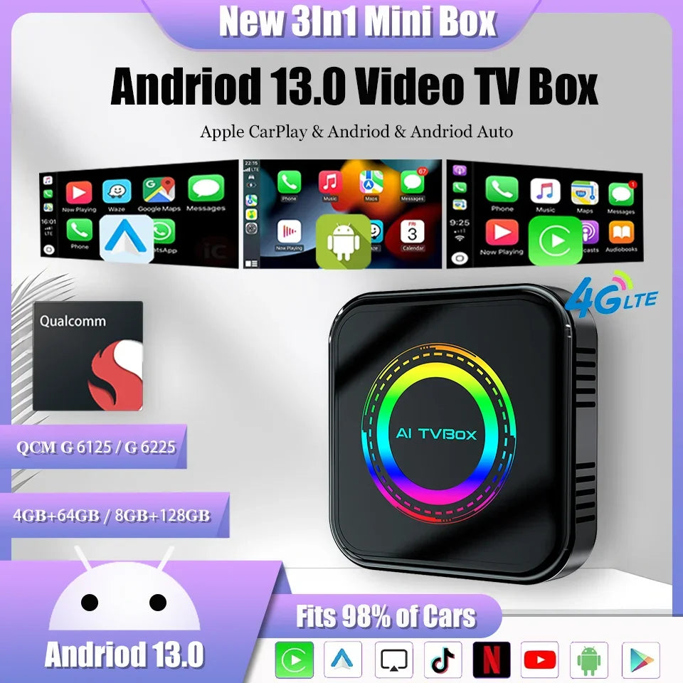 New Android 13 8-Core 64G 128G CarPlay Ai Box Wireless Android Auto & Apple CarPlay Car Smart LED Adapter 4G LTE Plug-and-Play