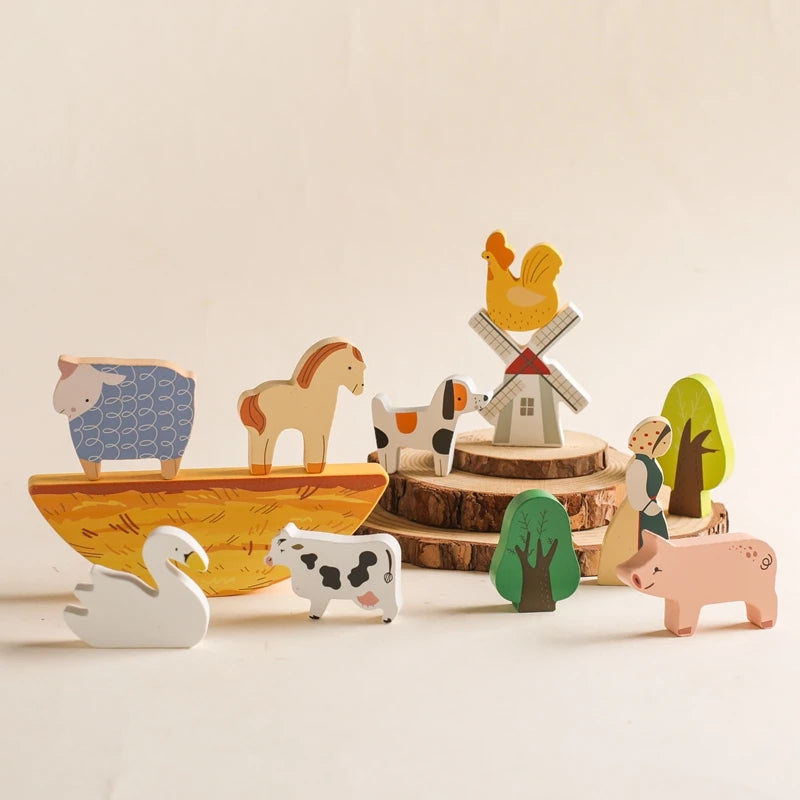 Wooden Montessori Toy Simulation Farm Animals Toys for Children Poultry Cow Pig Dog Chicken Model Educational Toy Christmas Gift