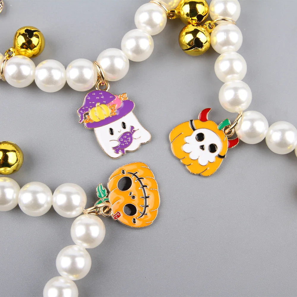 Pet Pearl Necklace Decoration Halloween Cat Collar Little Dog Bell Neck Accessory Pets Cosplay Cat Dog Birthday Gift