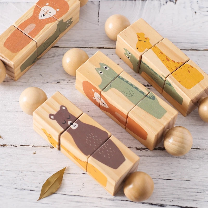 Baby Wooden Montessori Toys Cartoon Animal Crocodile Bear Rotate Blocks Rattle Puzzle Game Baby Food Grade Wooden Teether Toys