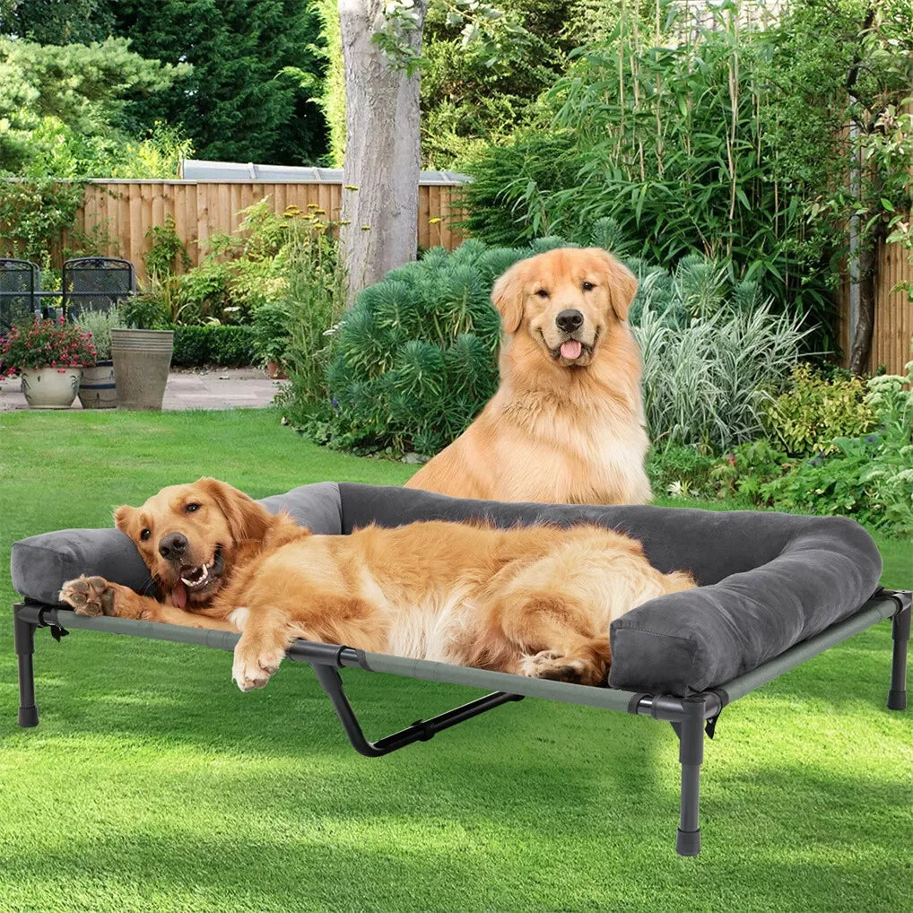 BINGOPAW Outdoor Elevated Dog Bed Cooling Raised Pet Lounger Bed Mesh Cot Sleep Camping Bed with Detachable Plush Bolster