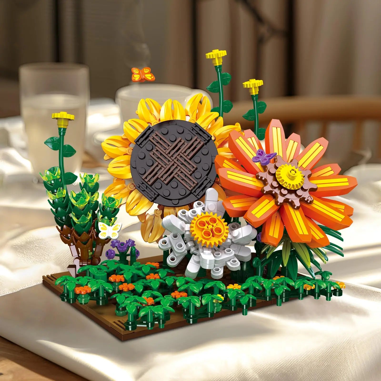 Flower Botanical Bonsai Building Set-2 IN 1 Sunflower Block Toy  Display for Office Décor Valentine&