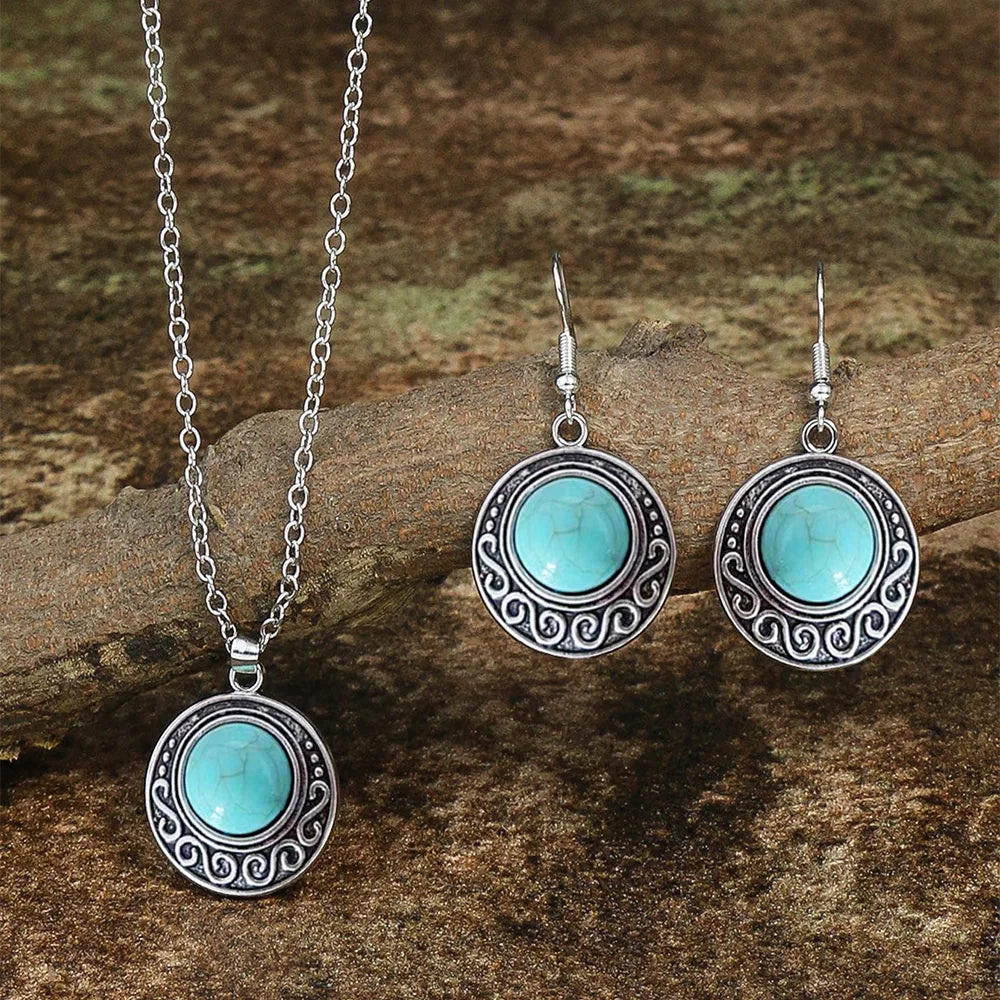 Retro Antique Turquoise Pendant Necklace &amp; Earrings Set