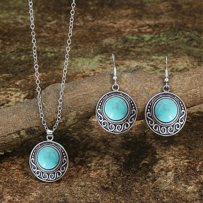Retro Antique Turquoise Pendant Necklace &amp; Earrings Set