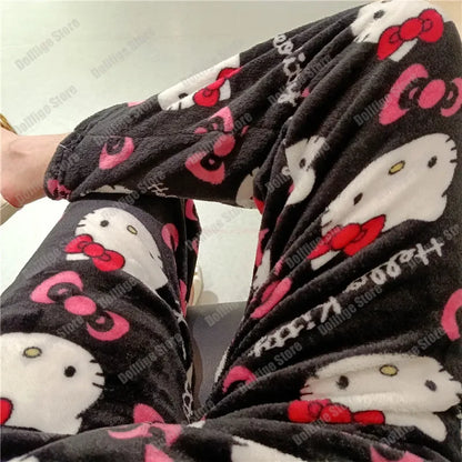 Sanrio Christmas Hello Kitty Pajamas Halloween Flannel Fashion Trouserswomen Kawaii Woolen Anime Cartoon Casual Home Pant Autumn