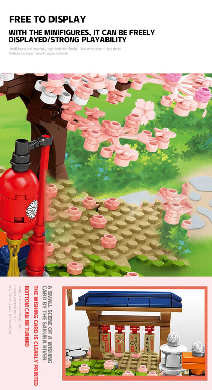 SEMBO BLOCK Sakura Street View Blocks City Cherry Blossom Japanese Sakura Tree Diy House Mini Model Building Children Toys