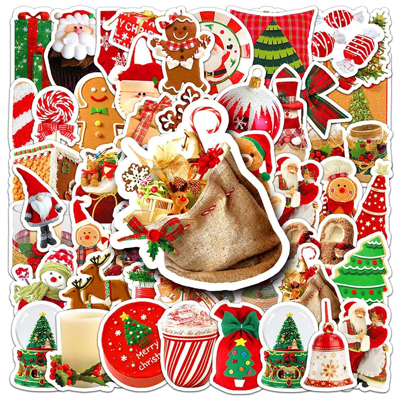 50pcs Christmas Stickers Cute Cartoon DIY Scrapbooking Gift Decals PVC Waterproof Sticker For Laptop Phone Funny Toy Decal