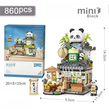 Mini Building Blocks Cute Panda Ornaments Street View Teahouse Assembly Bricks Folding Construction Toys for Children and Adults