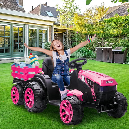 12V Kids Ride On Tractor Toys Trailer Kids Electric Car Toy Tractor With Remote Control 35W Dual Motor Ride 6 Wheels Boys Girls