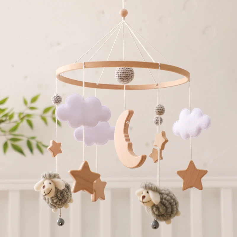 Wooden Baby Rattle Mobile 0-12Month Soft Felt Cartoon Sheep Star Moon Newborn Music Box Hanging Bed Bell Mobile Crib Bracket Toy