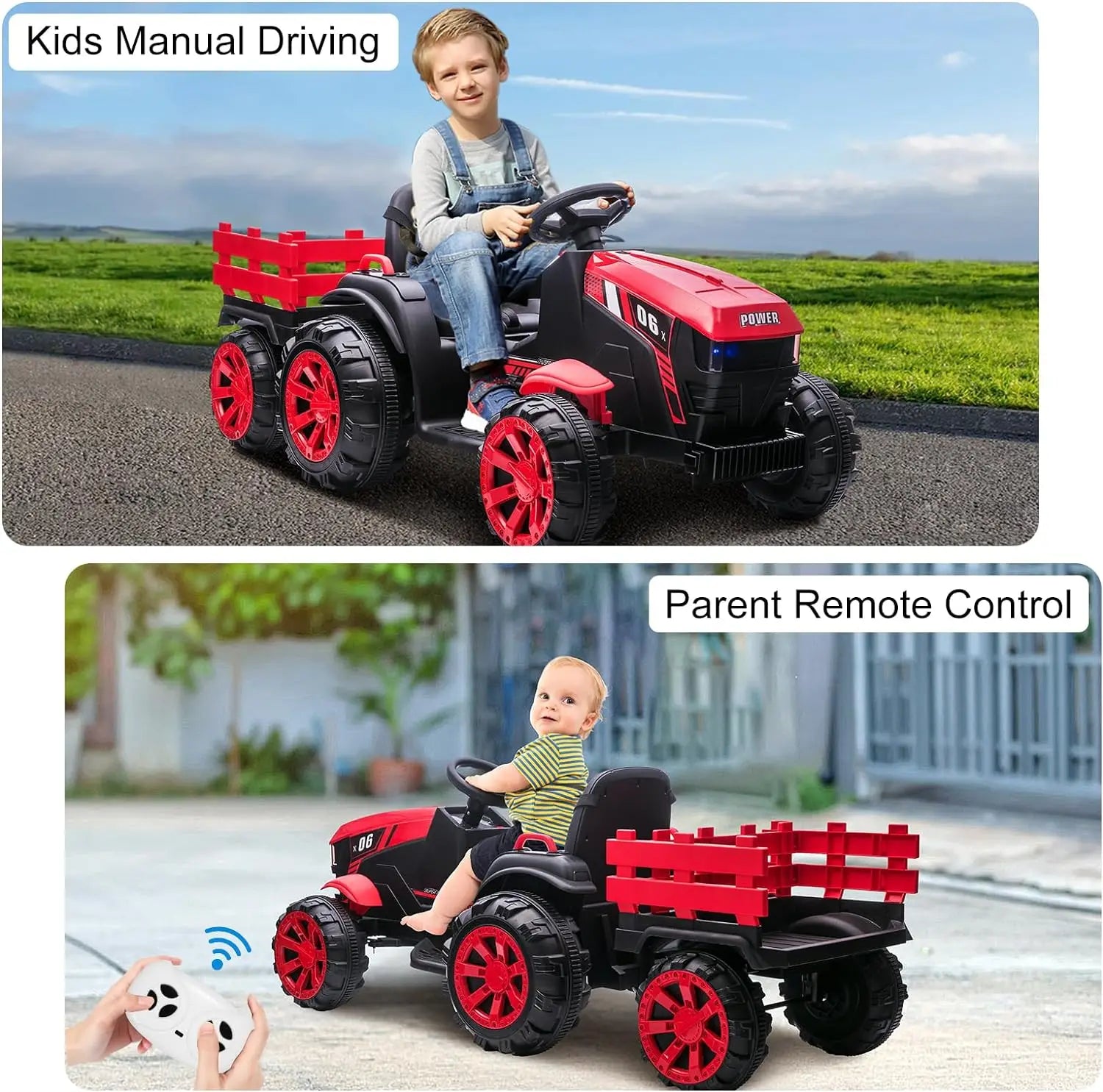 12V Kids Ride On Tractor Toys Trailer Kids Electric Car Toy Tractor With Remote Control 35W Dual Motor Ride 6 Wheels Boys Girls