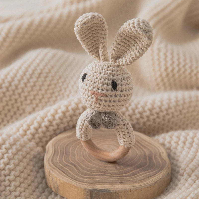 Baby Crochet Rattle Wooden Teether Toy BPA Free Wood Rodent Rabbit Rattle Baby Mobile Play Gym Newborn Educational Music Toys