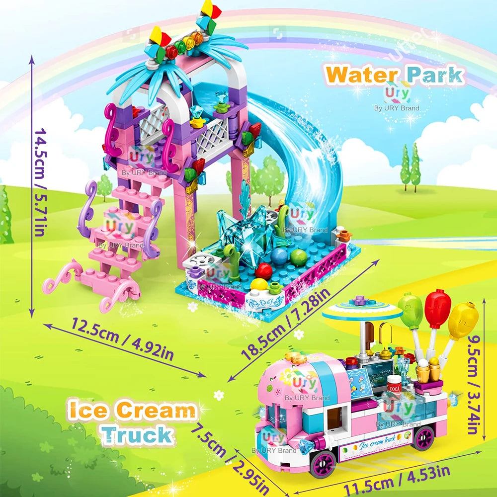 Friends Summer  Amusement Park Holiday Seaside Slide Rotating Chair MOC Building Blocks Sets Figures Toy for Girl Christmas Gift