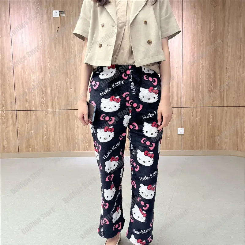 Sanrio Christmas Hello Kitty Pajamas Halloween Flannel Fashion Trouserswomen Kawaii Woolen Anime Cartoon Casual Home Pant Autumn