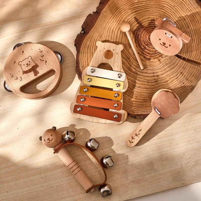 Baby Wooden Musical Instruments Montessori Toys Kids Bear Percussion Xylophone Rain Sound Pipe Music Shaker Early Education Toys