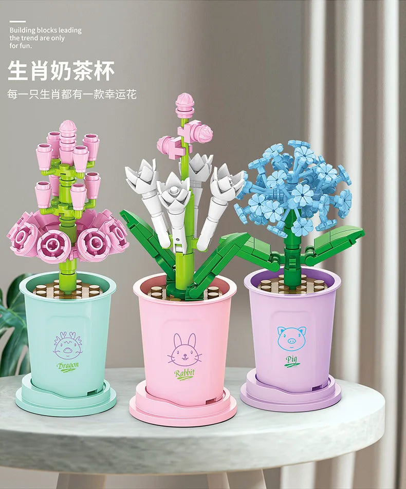 HOT MOC Flowers DIY Potted Plants Micro Landscapes Mini Art Construction Building Blocks Sets Model Dolls Brick Girls Toys Gifts