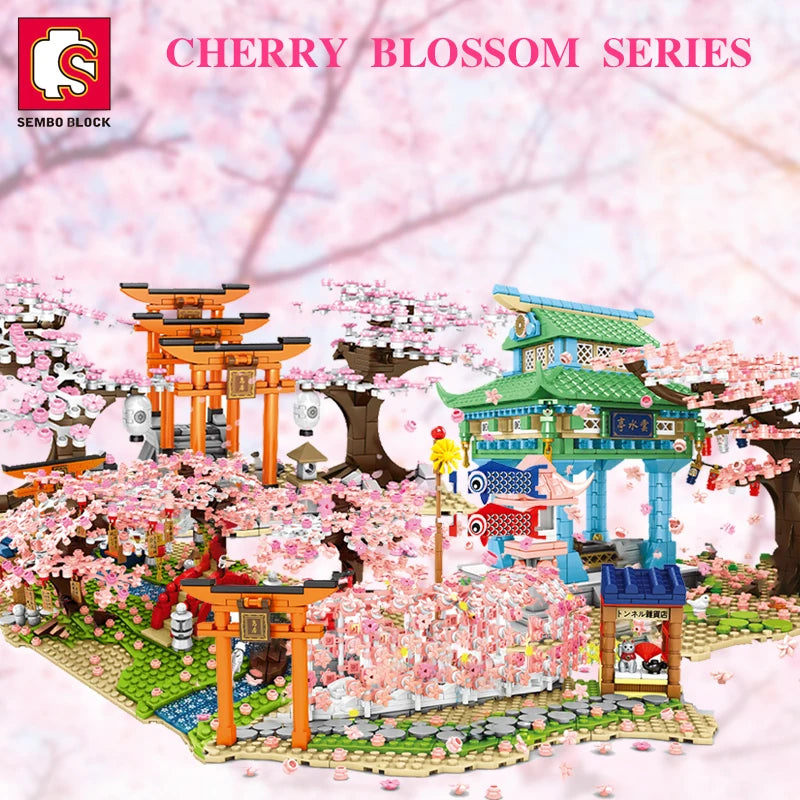 SEMBO BLOCK Sakura Street View Blocks City Cherry Blossom Japanese Sakura Tree Diy House Mini Model Building Children Toys