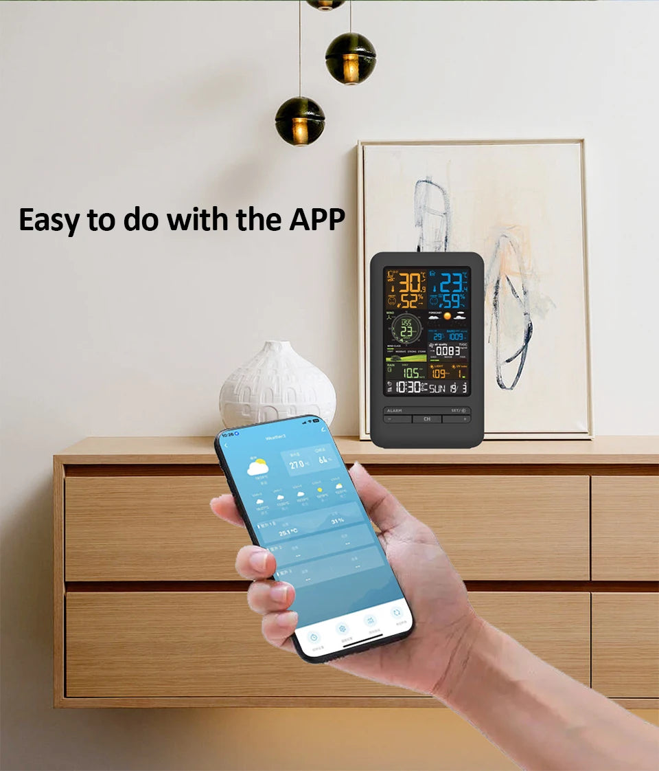 WiFi Smart Weather Station Smart Home Digital Thermometer with Sensor Temperature Humidity Date Light Index Air Quality Monitor